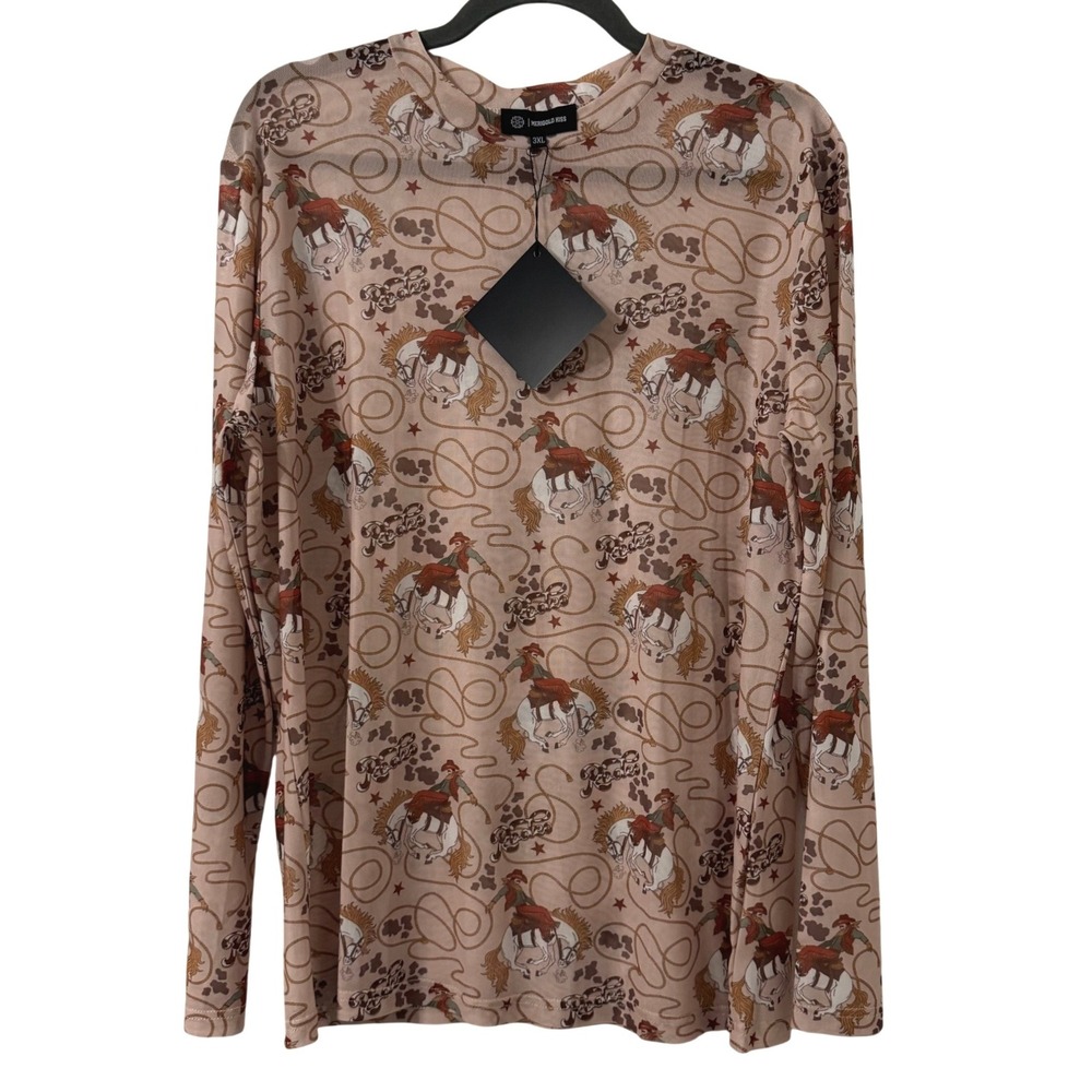 Merigold Kiss Women 3XL Rodeo Horse Print Sheer Mesh Long Sleeve Top Tan NEW